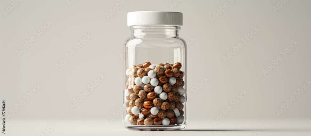 A glass bottle filled with pills and pills A glass bottle filled with pills and pills