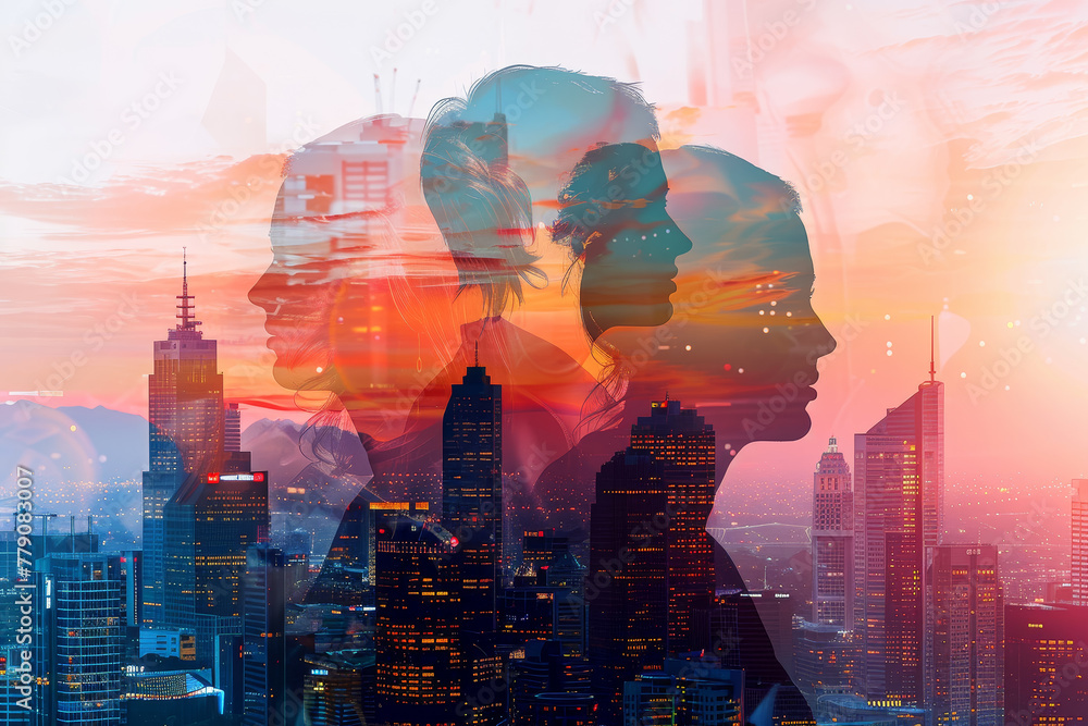 A city skyline with three silhouettes of people in the foreground A city skyline with three silhouettes of people in the foreground