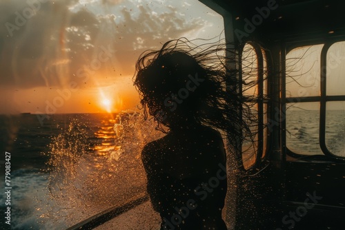 Woman standing on a boat with her hair blowing in the wind and the sun setting in the background photo