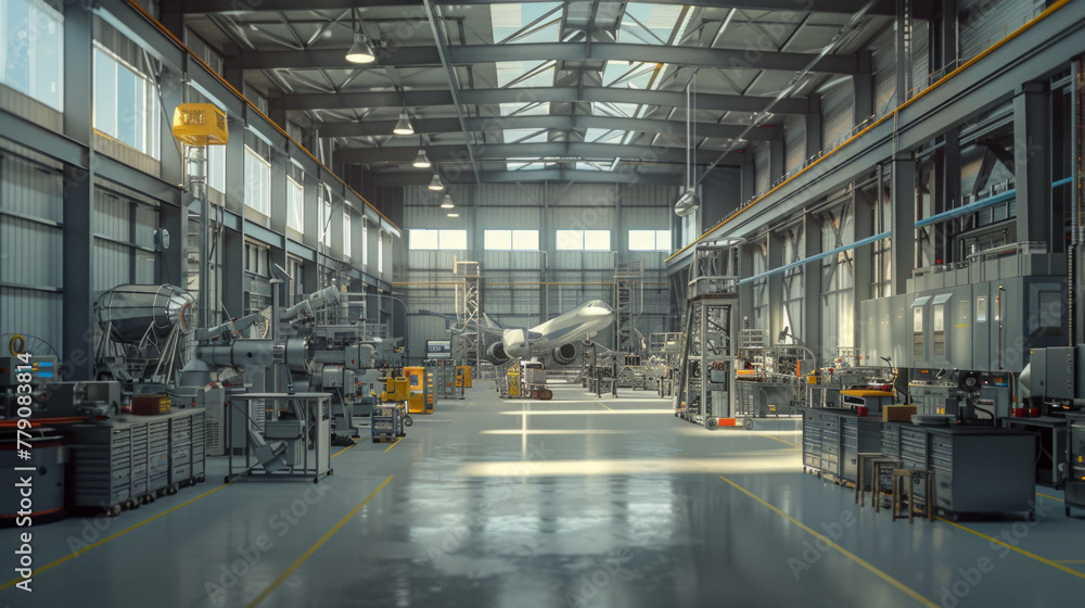 A busy aerospace composites manufacturing facility with specialized equipment and quality control stations, momentarily idle but ready to manufacture advanced composite materials A busy aerospace composites manufacturing facility with specialized equipment and quality control stations, momentarily idle but ready to manufacture advanced composite materials