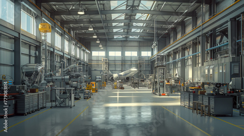 A busy aerospace composites manufacturing facility with specialized equipment and quality control stations, momentarily idle but ready to manufacture advanced composite materials