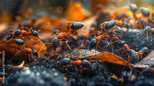 Detailed macro photograph of ant colony in forest, showing intricate bodies and surrounding textures photo
