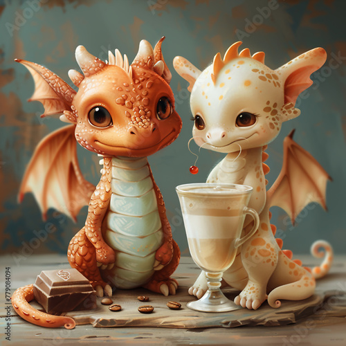 Adorable 3D dragon figurines with holiday decorations  isolated on a bright background.