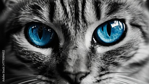 Macro shot capturing the intense blue eyes and detailed striped fur pattern of a domestic cat