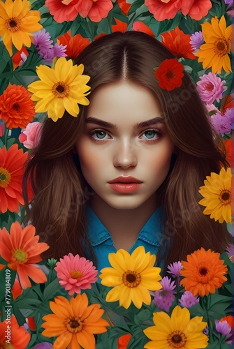 Illustration of a young woman hiding behind bright flowers and looking at the camera. Generative AI