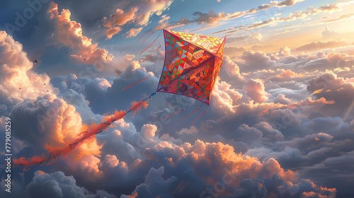 A traditional diamond-shaped kite adorned with vibrant geometric patterns, floating effortlessly amidst fluffy white clouds photo