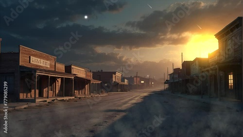 Sunsetin  Old Road on the American Plains during the Wild West Era - 4K Loop. photo