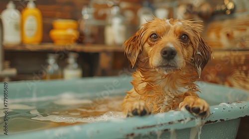 cute retriever covered in foam is having a bath in bathtub