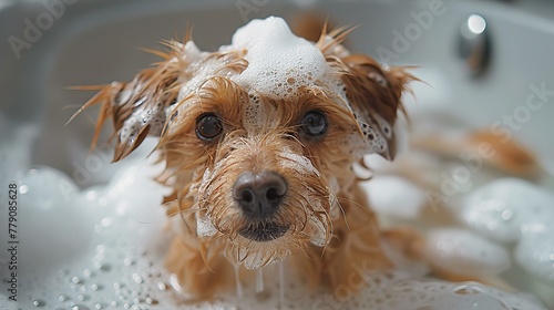 cute terrier dog covered in foam is having a bath in bathtub 
