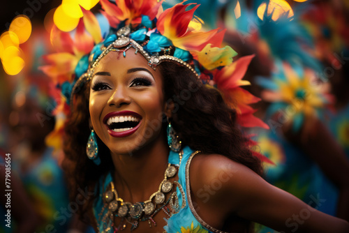 color photo of a vibrant carnival parade in Rio de Janeiro, Brazil. Dancers adorned in elaborate costumes move to the rhythm of samba music created with Generative AI technology