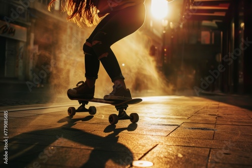 Young woman skateboarding in the city at sunset, enjoying the warm glow of the evening sun.