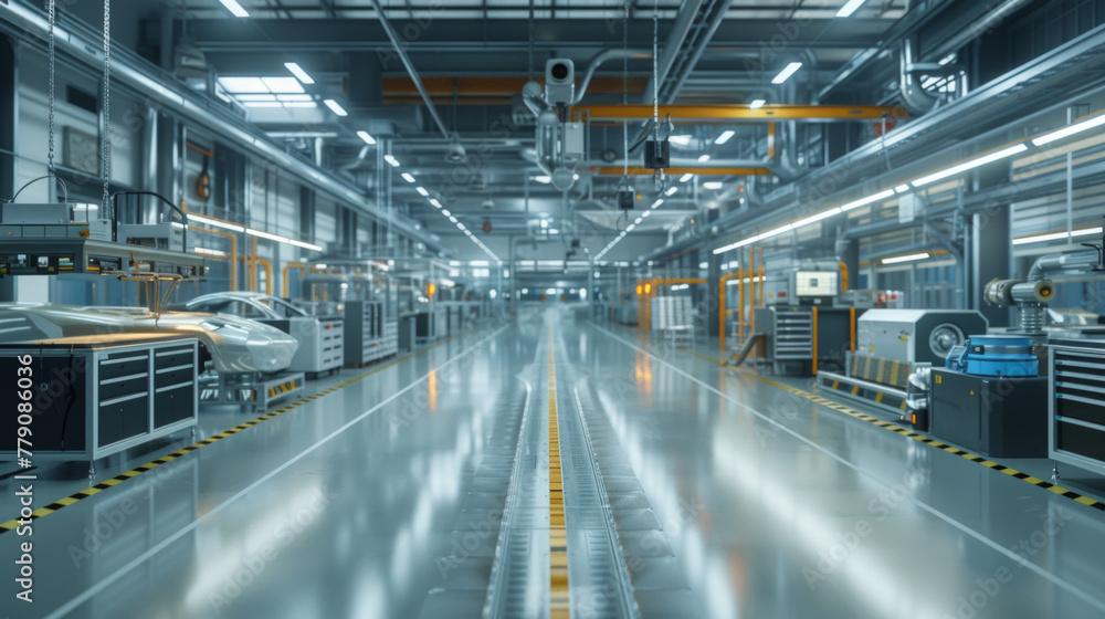 A busy automotive manufacturing research and development center with advanced manufacturing equipment and testing systems, currently empty but ready to innovate in the field of automotive engineering