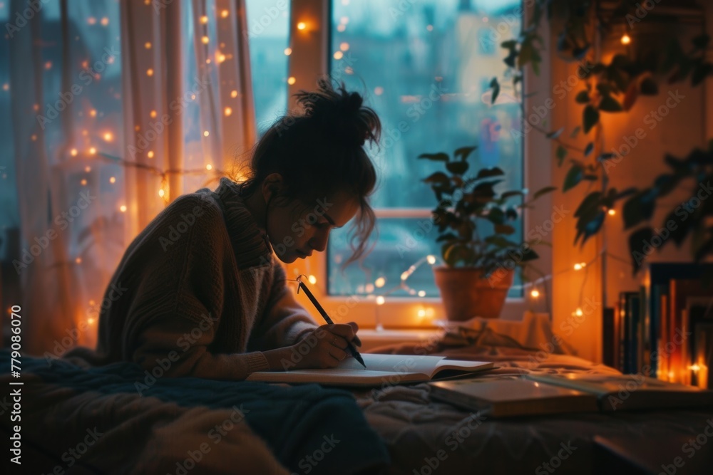 Thoughtful young woman sitting by the window, writing in her journal and reflecting on her thoughts Thoughtful young woman sitting by the window, writing in her journal and reflecting on her thoughts
