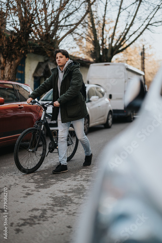 Eco-friendly lifestyle concept with a young adult holding a bicycle in an urban setting, showing an alternative transportation mode.
