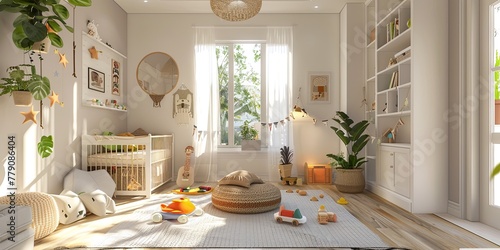 Building interior design with a crib, table, and window in the living room