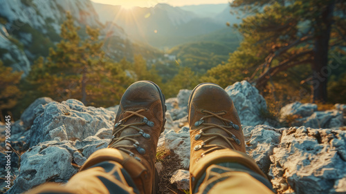 A pair of boots with a mountain view at sunrise.