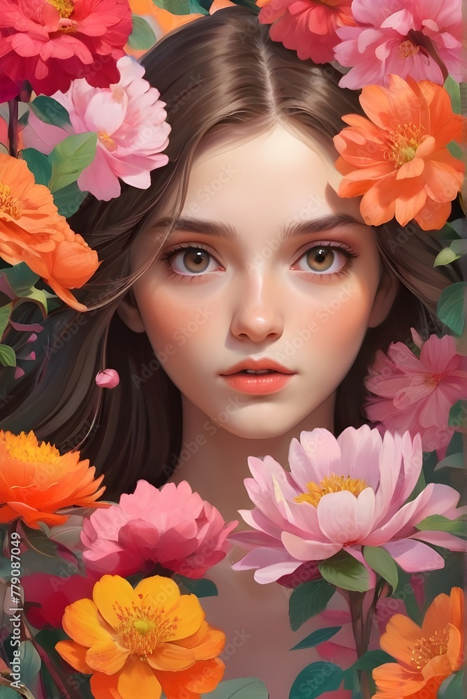 Illustration of a young woman hiding behind bright flowers and looking at the camera. Generative AI Illustration of a young woman hiding behind bright flowers and looking at the camera. Generative AI