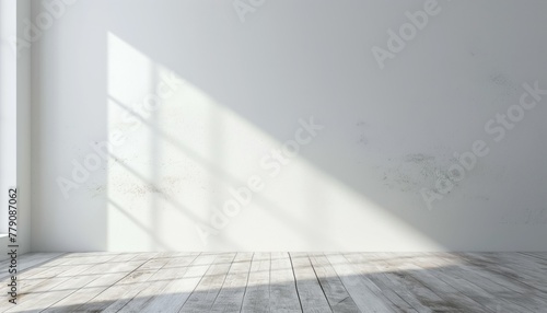 Empty light interior background. White textured empty wall and wooden light floor with beautiful lighting