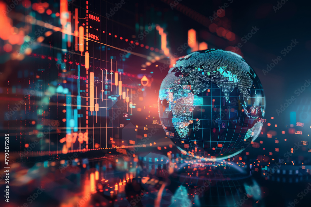 A computer screen shows a globe with a red and blue background A computer screen shows a globe with a red and blue background