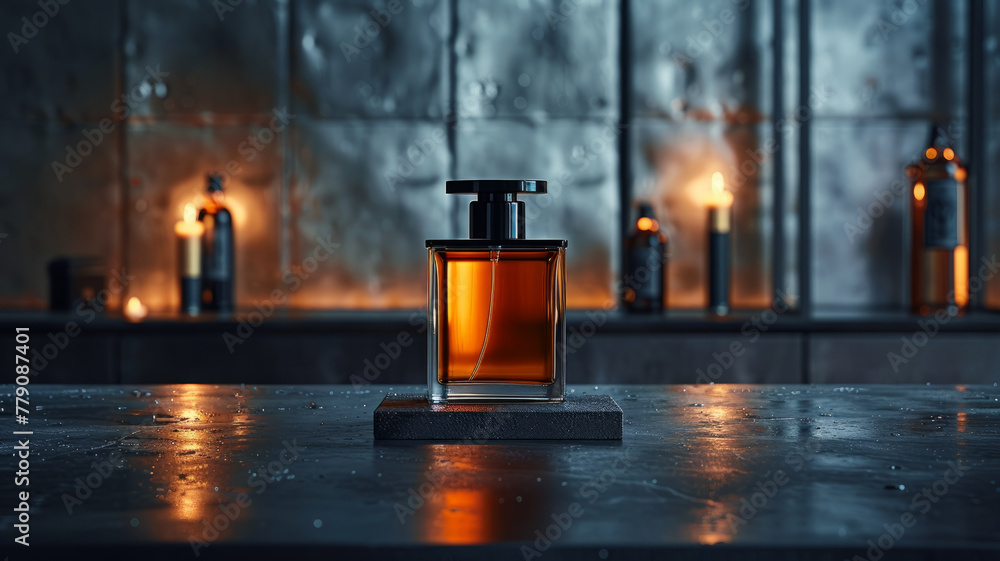 A perfume bottle on a reflective surface with moody lighting A perfume bottle on a reflective surface with moody lighting