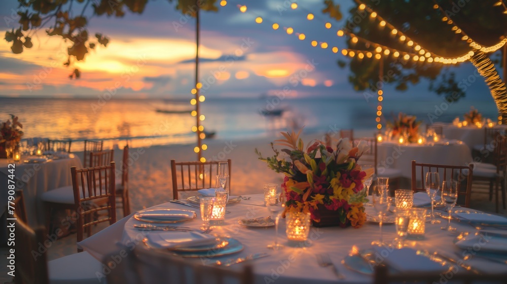 Decorated table at the beach resort in sunset time near the sea and sand for wedding and party events celebrations