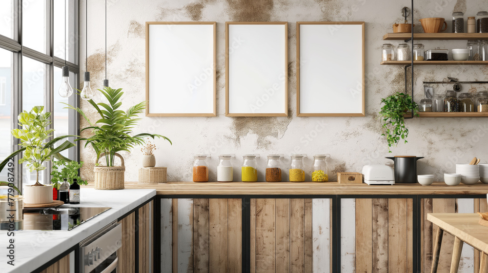 Fototapeta premium Three poster or photography frame mockup on the wall in the Boho style kitchen room