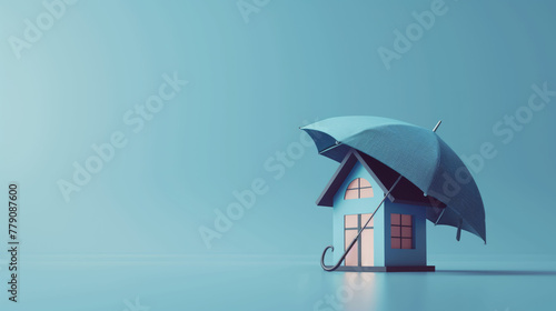 House figure under umbrella, property safety and insurance concept on isolated blue background with space for copy