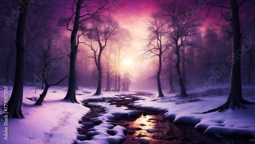 A purple forest with a river running through it.

 photo