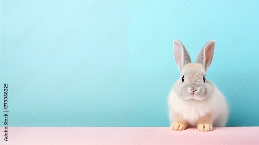 Cute rabbit on pink and blue background, hare, pet, fur Cute rabbit on pink and blue background, hare, pet, fur