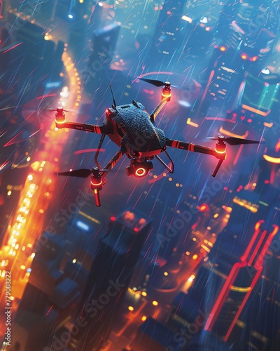 Hightech racing drones, modern, action photography, competitive, urban , illustration photo