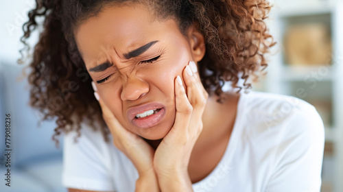 Young dark-skinned woman holds her cheek with her hand and suffers from severe toothache, light background. Dental diseases concept, problems with teeth and tooth enamel