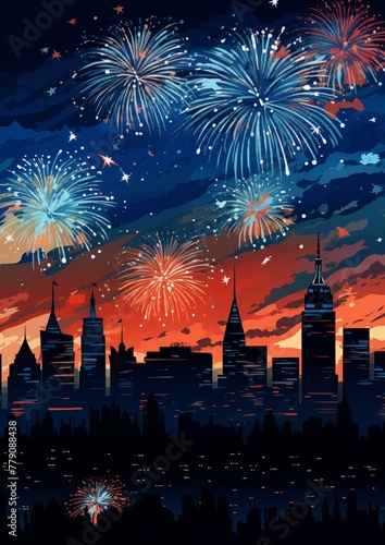 Fireworks over new york city skyline, dusk, architecture, night