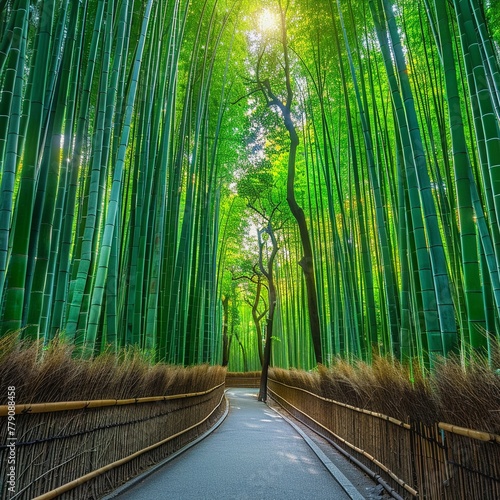 Lush bamboo forest, serene, panoramic, natural, daylight , vibrant color
