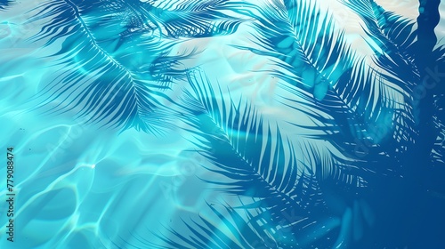 Tropical Tranquility: Palm Shadows Dance on Rippling Pool Water. A Serene and Refreshing Background Image Capturing Nature's Simplicity and Beauty. Ideal for Calming Visuals and Summer Themes. AI