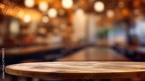 The empty wooden table top with blur background of indoor vintage cafe. Exuberant image. generative AI