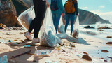 volunteers cleaning a beach, suitable for environmental advocacy campaigns or highlighting the impact of community clean-up events.
