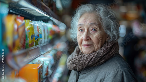 Elderly woman shopping for groceries.