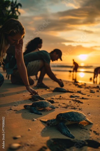 People assisting baby turtles in their journey to the sea, reflecting wildlife conservation and the protective role of voluntourism. photo