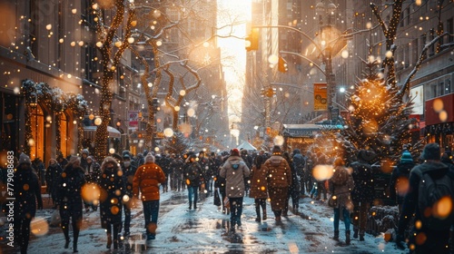 City Escapades: Showcase bustling city streets with holiday shoppers, street performers, and festive decorations, capturing urban holiday vibes. © Nico