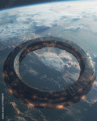 Orbiting Habitat Ring, SciFi, Space Photography, Circular Space Colony Environment , high contrast