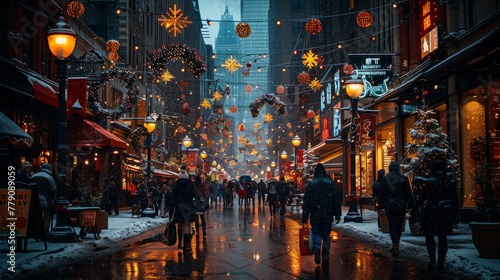City Escapades: Showcase bustling city streets with holiday shoppers, street performers, and festive decorations, capturing urban holiday vibes. photo