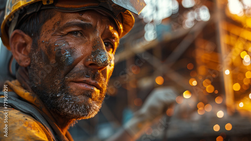 A middle-aged male miner with a helmet