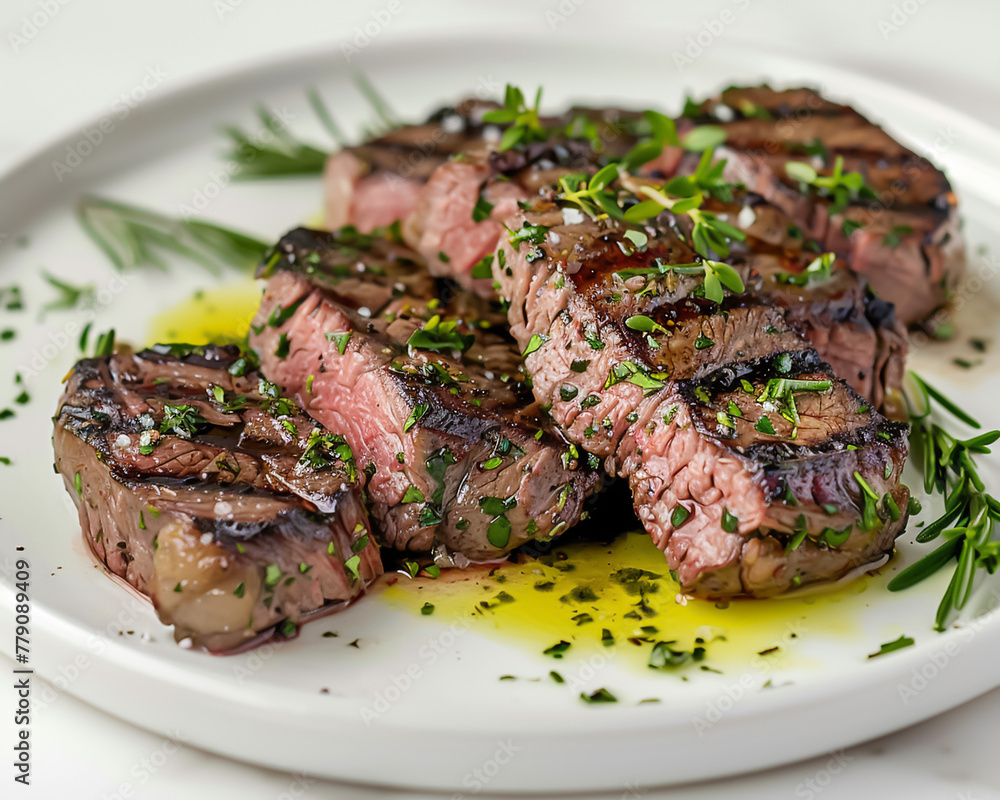 coated with herbs and olive oil, seared medium rare steak on white plate against a white background, food photography
