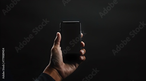 A hand holding a smartphone against a dark background. Modern communication concept in a simple style. Ideal for technology-themed visuals. AI