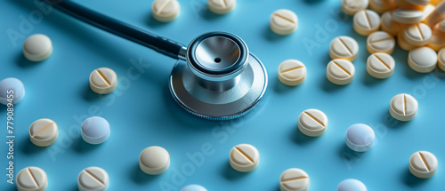 Top view of stethoscope and pills on a blue background with space for text. Stock photo with high resolution, extreme detail, and ultra-realistic style, using studio lighting