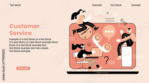 Online customer assistance service web banner. Customer support landing page with people. Call center operator. Vector flat design.