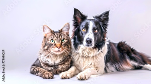 Friendly cat and dog sitting together against a grey background. Studio portrait showcasing pet harmony. Perfect for lifestyle and animal themes. AI