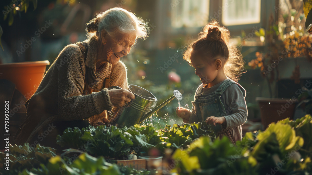 custom made wallpaper toronto digitala happy old grandmother and granddaughter watering a small urban garden with lettuce and other vegetables with a watering can on a spring morning.generative ai