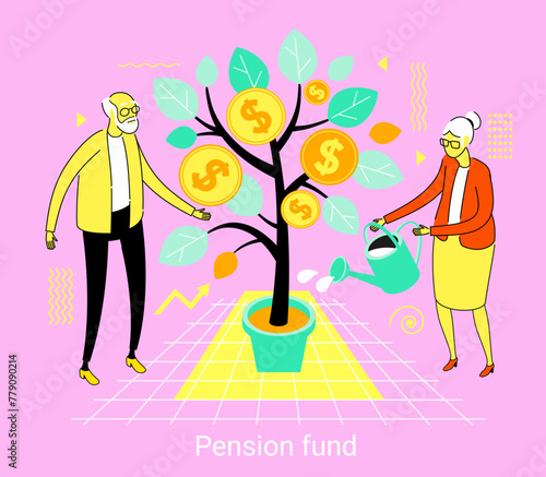 People characters investing money in pension fund. Retirement fund. Seniors saving money for retirement.