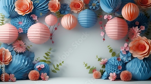 A white background adorned with colorful Basant decorations  such as ribbons  flowers  and paper lanterns